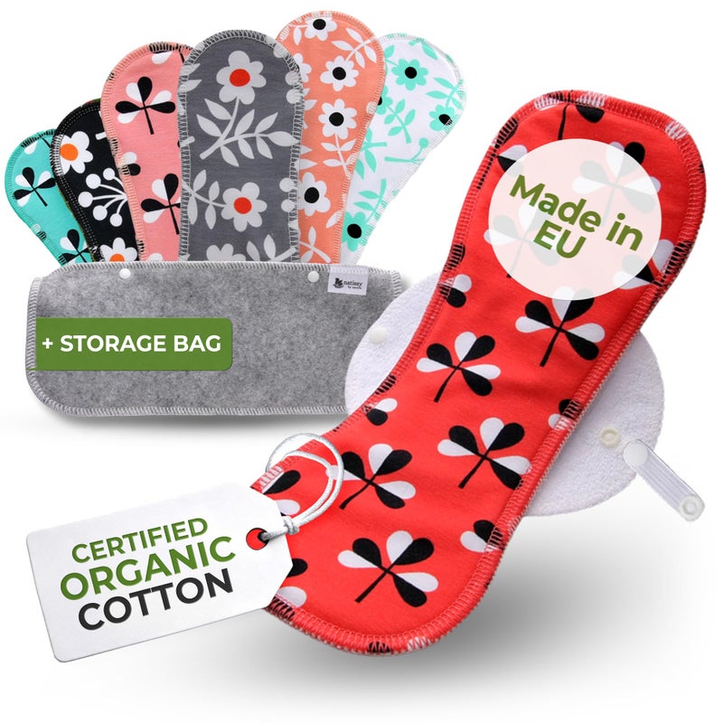 Made in EU â€“ Reusable Sanitary Pads for Light to Heavy Flow - 7 Pack (S, M, L & XL) â€“ High-Temp Washable Cloth Period Pads for Women â€“ Ultra Soft Organic Cotton & Secure Fit for Menstrual Comfort